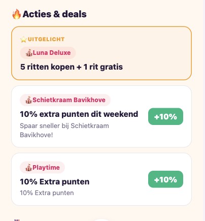 Acties en deals in de Funpoints-app: een uitgelichte actie van Luna Deluxe met 5 ritten kopen en 1 rit gratis, en 10 procent extra punten bij Schietkraam Bavikhove.