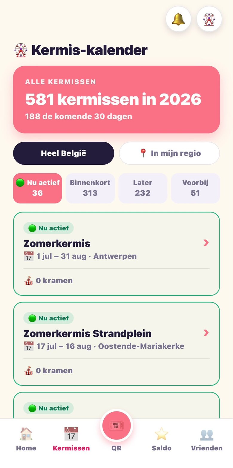 De kermiskalender in de Funpoints-app: kermissen in 2026 met filters voor heel België of je eigen regio, en een lijst van de kermissen die nu bezig zijn.